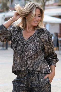 Blouse Ruffle Sparkle Black Gold