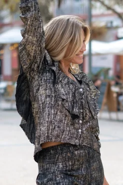Blouse Ruffle Sparkle Black Gold