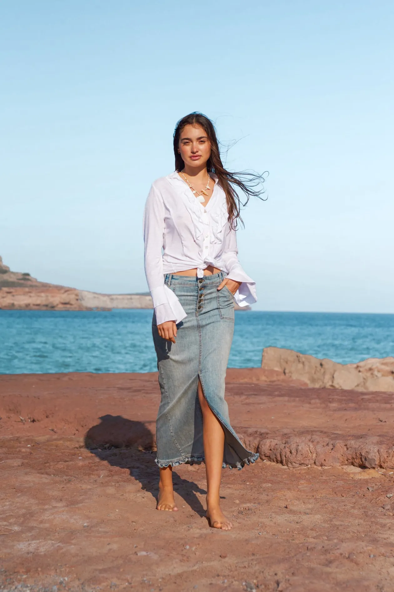 Long Denim Skirt - Ruffled