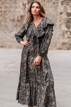 Long Dress Ruffle Sparkle Black Gold