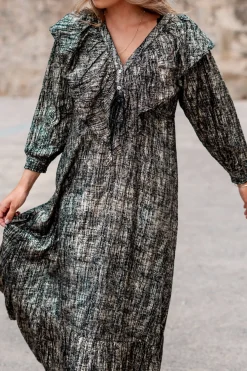Long Dress Ruffle Sparkle Black Gold