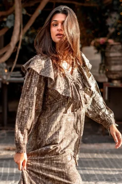 Long Dress Ruffle Sparkle Taupe Gold