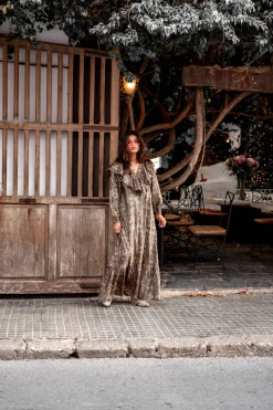 Long Dress Ruffle Sparkle Taupe Gold
