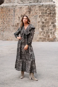Long Dress Ruffle Sparkle Black Gold