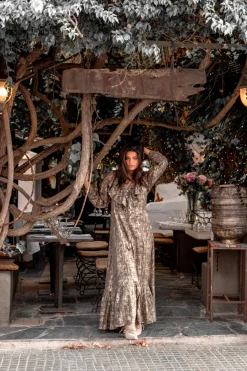 Long Dress Ruffle Sparkle Taupe Gold