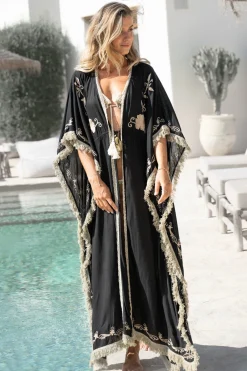 Long Kimono Fringe Fresco Black