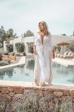 Long Kimono Fringe White/ Ecru Gold