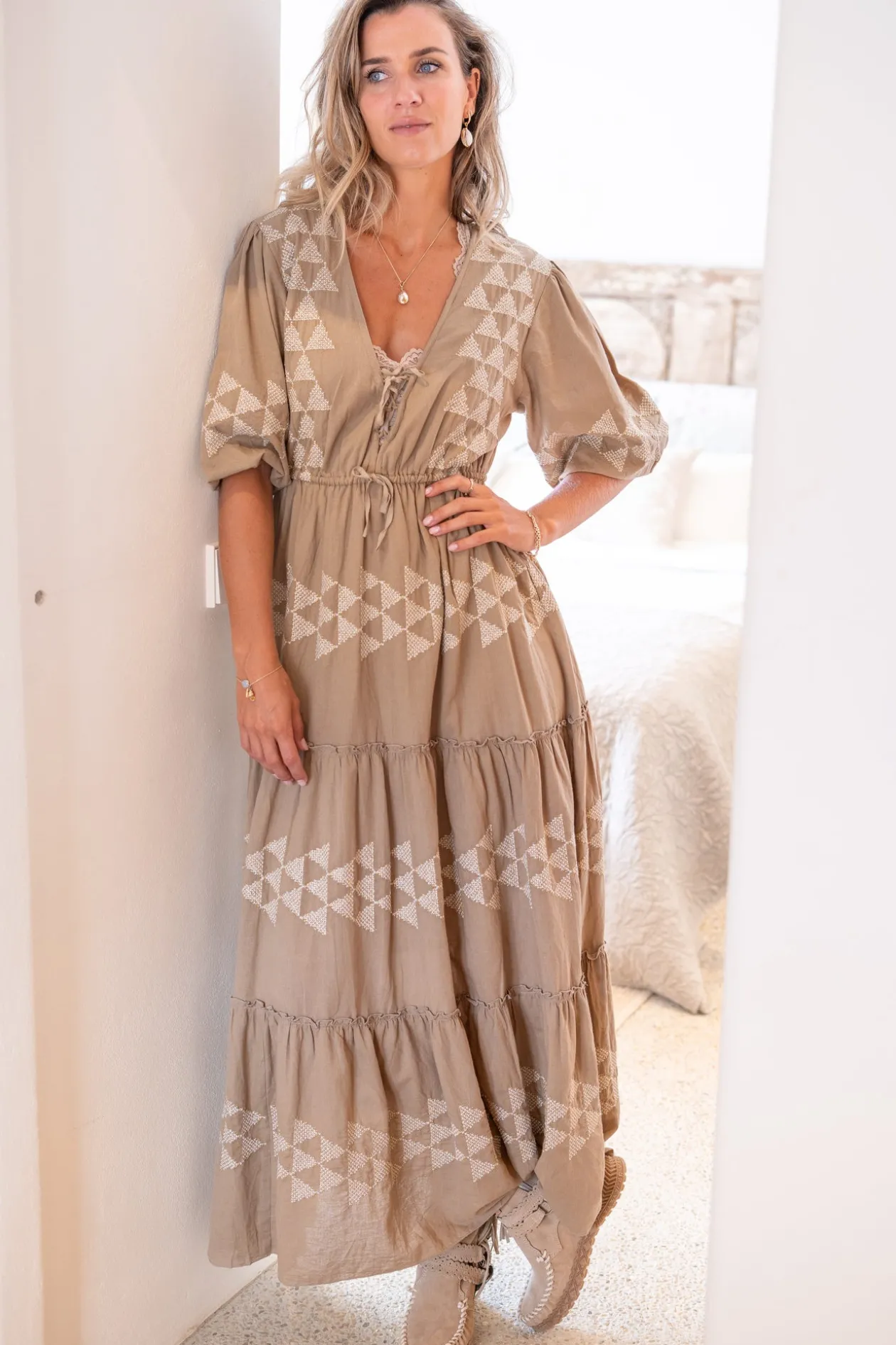 Maxi Dress Glorio Cuadros Taupe
