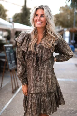 Short Dress Ruffle Sparkle Taupe Gold