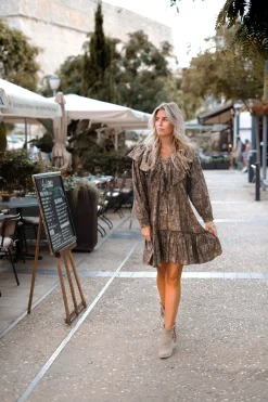 Short Dress Ruffle Sparkle Taupe Gold