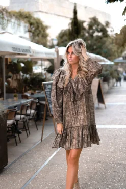 Short Dress Ruffle Sparkle Taupe Gold