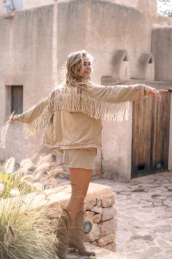 Short Fringe Jacket Nomad Combi Light Sand Plain
