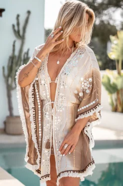 Short Kimono Aine Lurex Beige/Brown