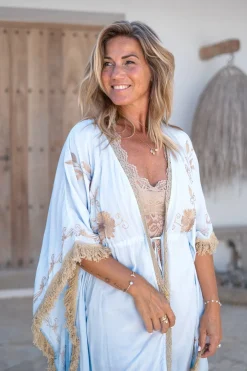 Short Kimono Fringe Fresco Pale Blue