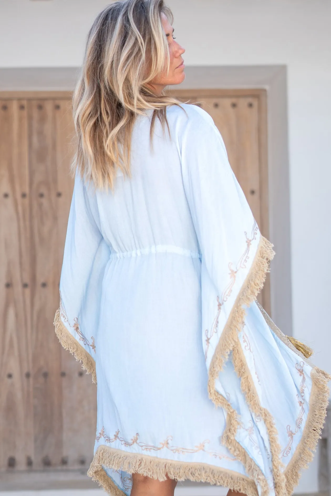 Short Kimono Fringe Fresco Pale Blue