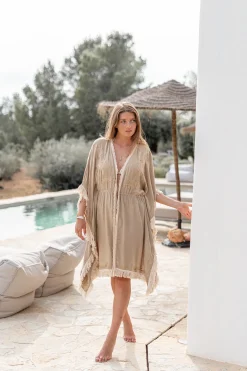 Short Kimono Fringe Fresco Light Taupe