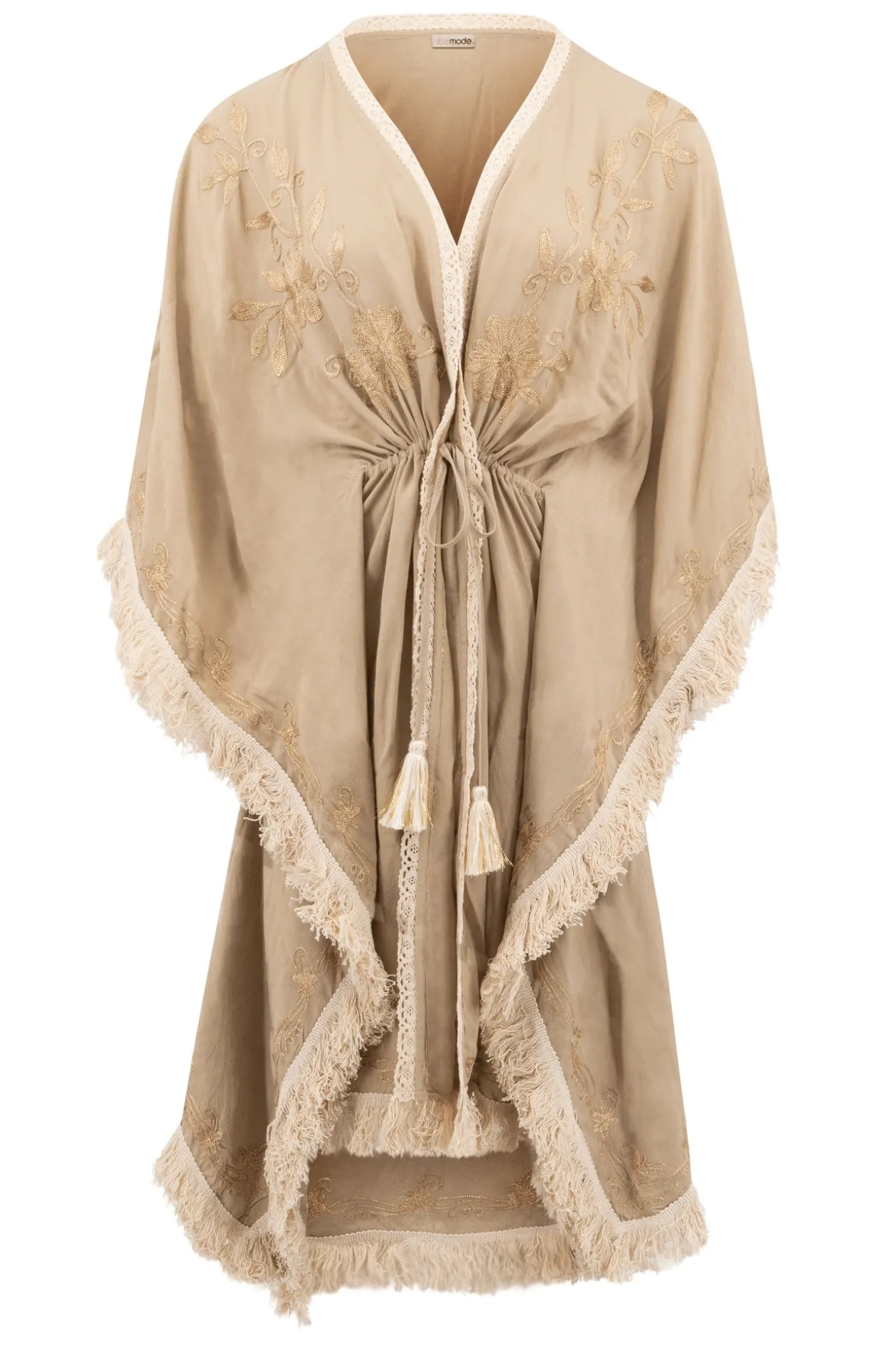 Short Kimono Fringe Fresco Light Taupe