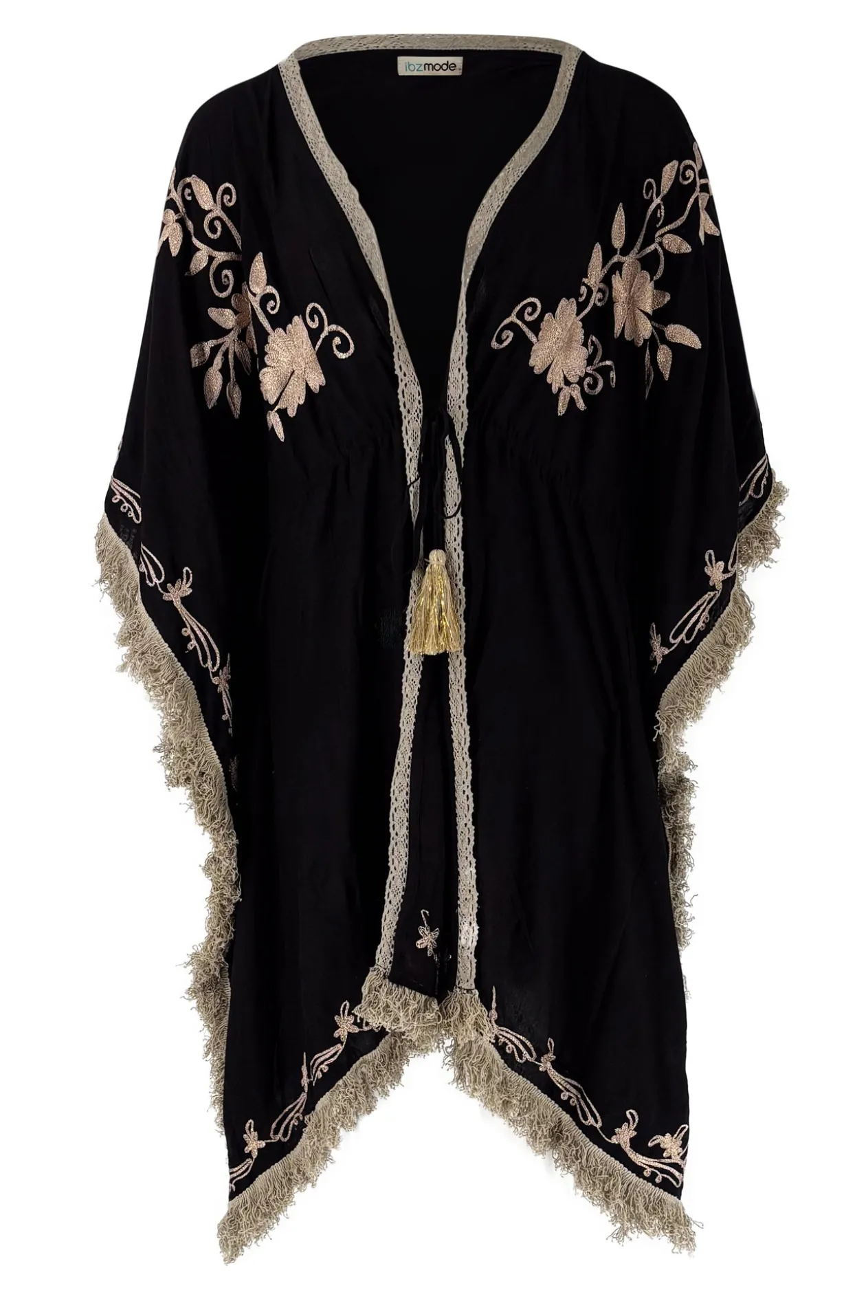 Short Kimono Fringe Fresco Black