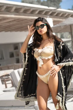 Short Kimono Fringe Fresco Black