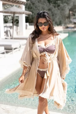 Short Kimono Fringe Sand/ Ecru Gold